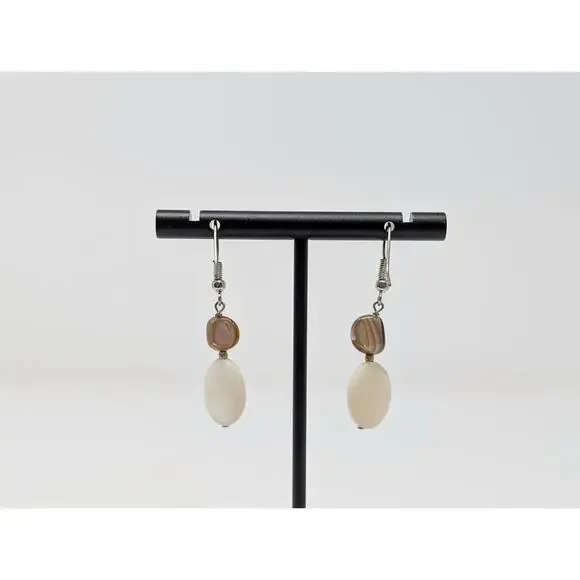 Silver Tone White Iridescent Bead Dangle Boho Pierced Earrings - Picture 6 of 6